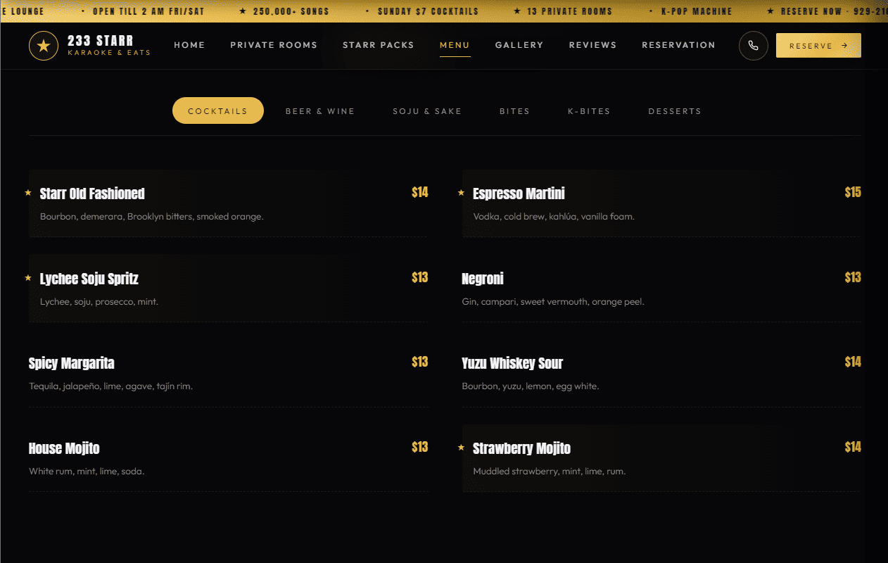 Full Eats & Drinks menu on desktop