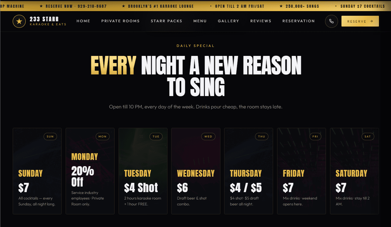 Daily Specials grid for every day of the week